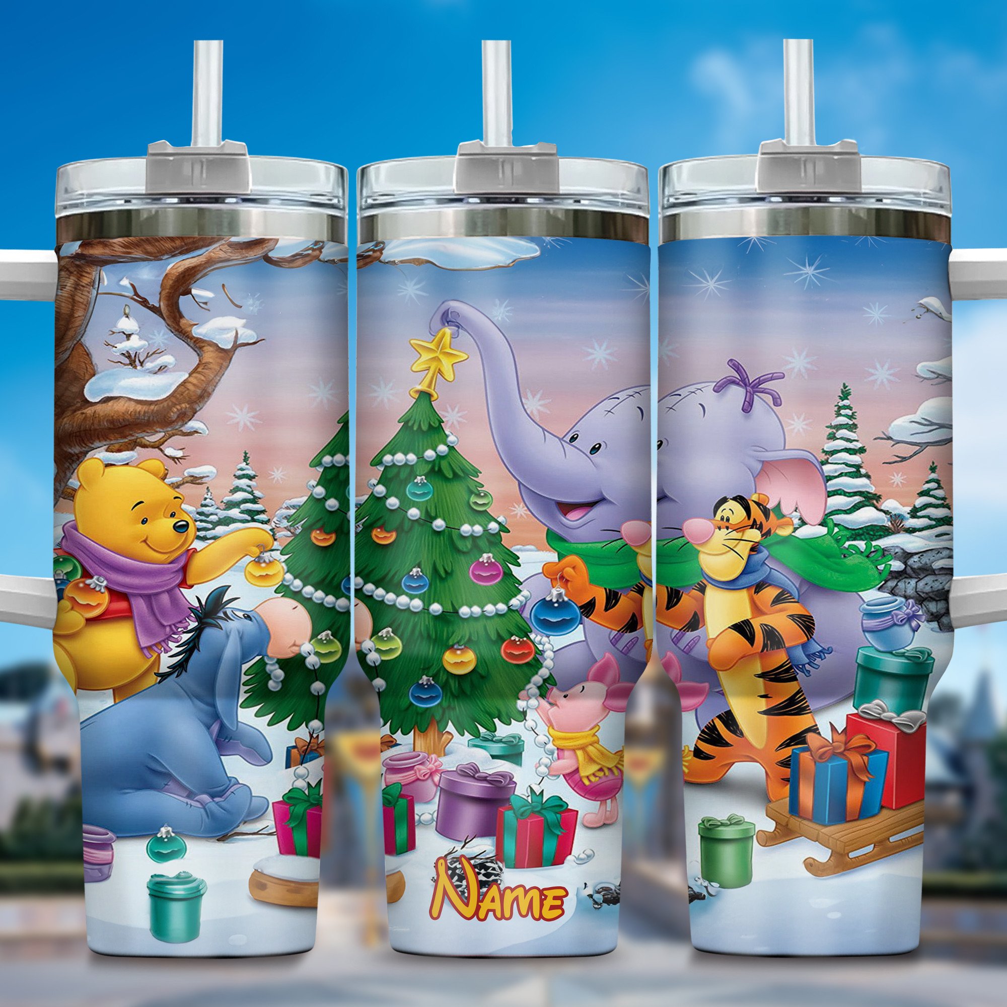 Winnie The Pooh Cartoon Custom Stanley Quencher 40oz Stainless Steel Tumbler With Handle