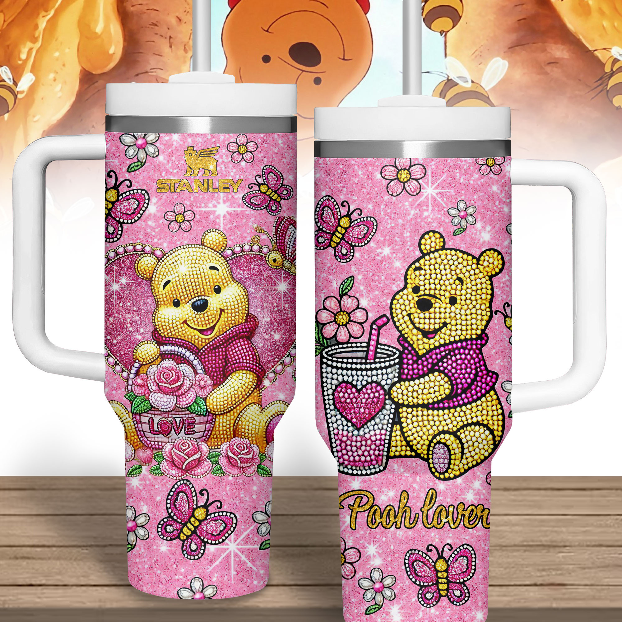 Winnie The Pooh Cartoon Valentine Custom Stanley Quencher 40oz Stainless Steel Tumbler With Handle