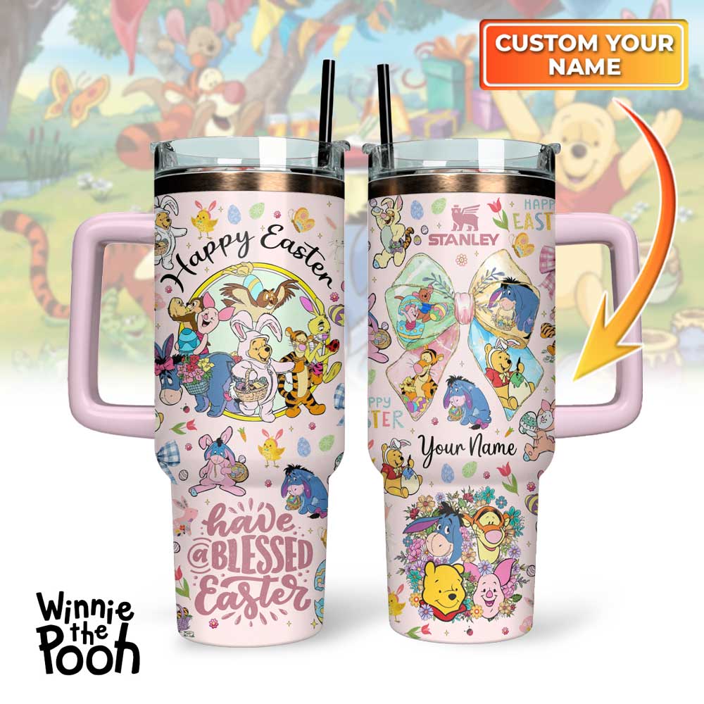 Winnie The Pooh x Happy Easter Custom Stanley Quencher 40oz Stainless Steel Tumbler With Handle