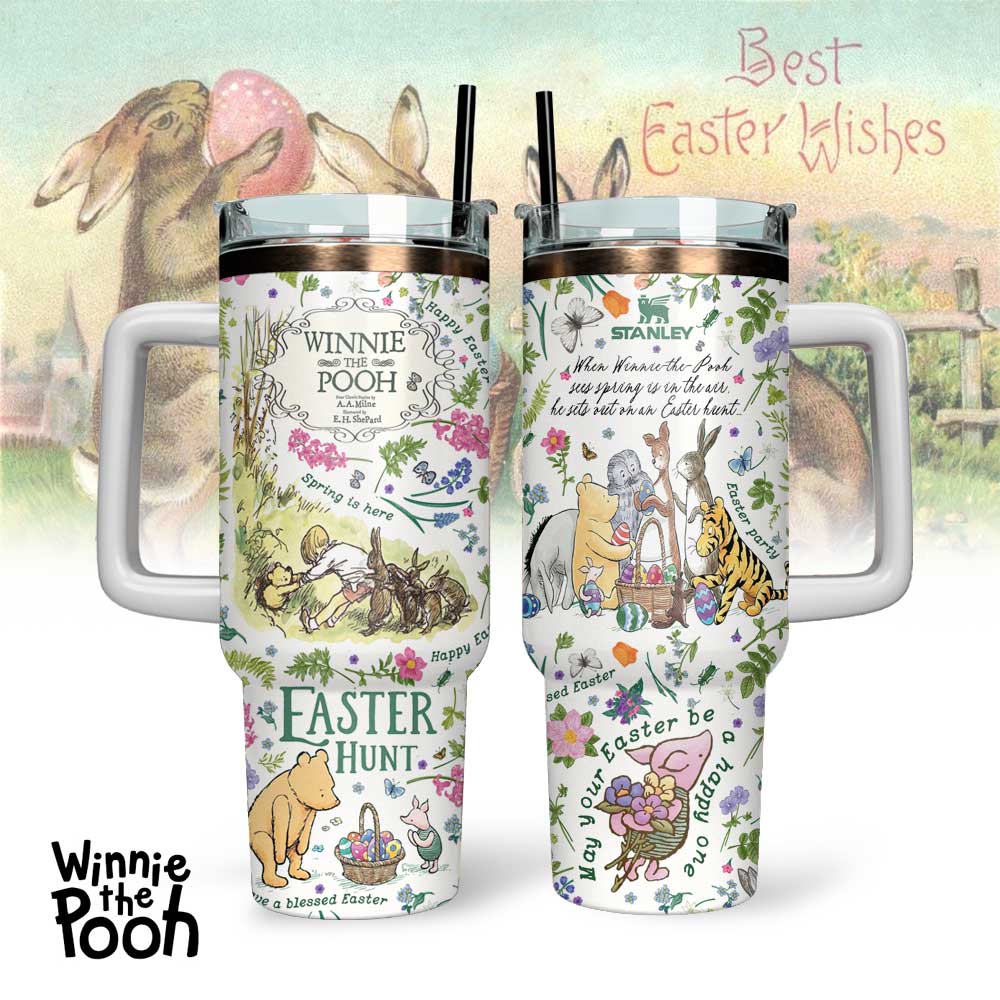Winnie The Pooh x Happy Easter Custom Stanley Quencher 40oz Stainless Steel Tumbler With Handle