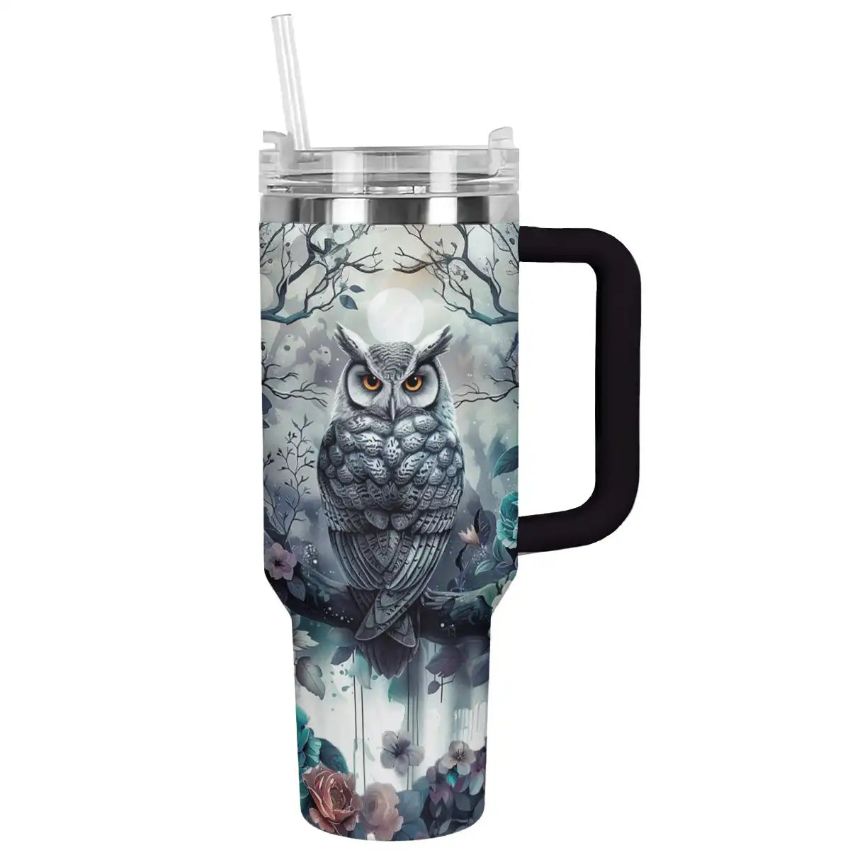 Winter Owl Custom Stanley Quencher 40oz Stainless Steel Tumbler With Handle