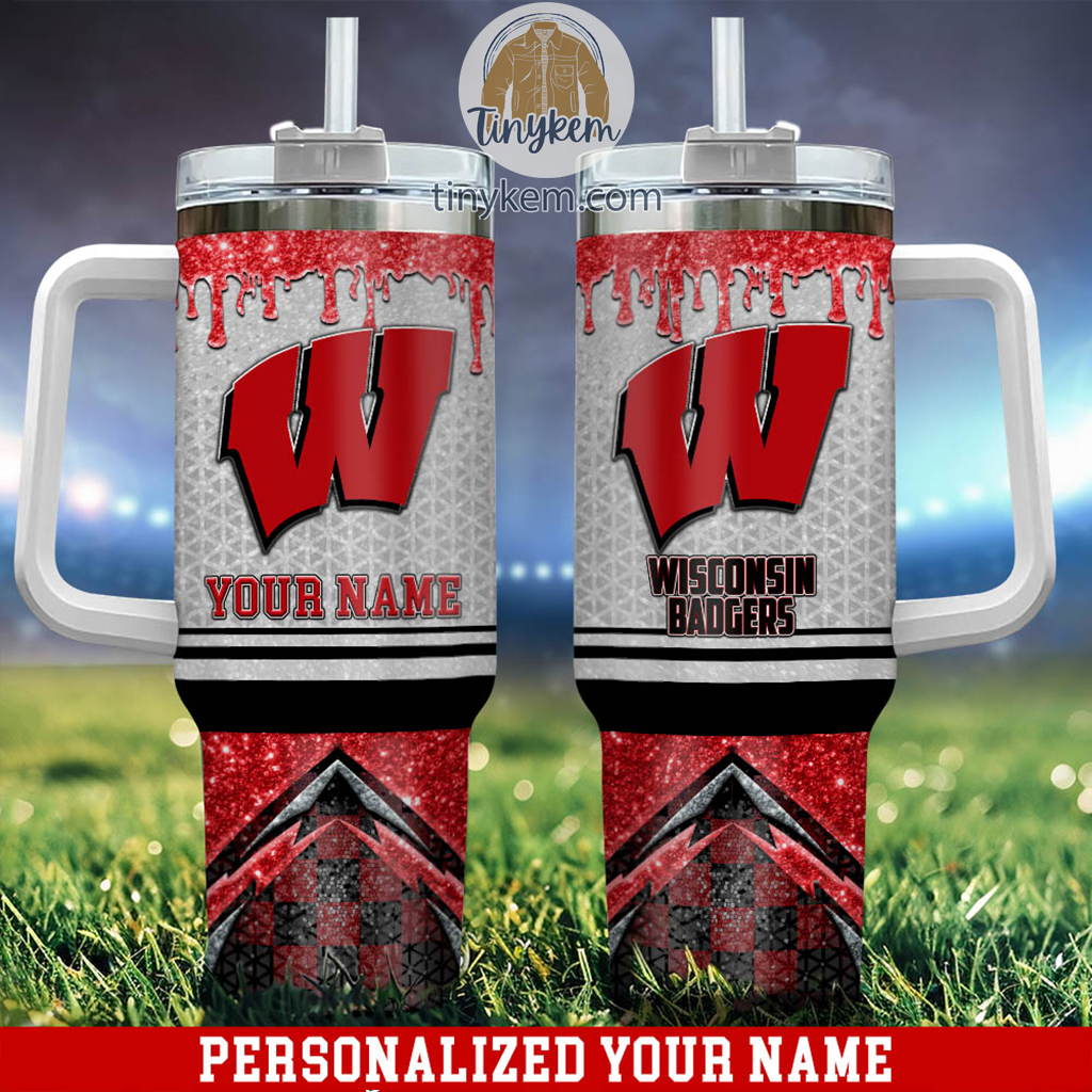 Wisconsin Badgers Glitter NCAA Custom Stanley Quencher 40oz Stainless Steel Tumbler With Handle