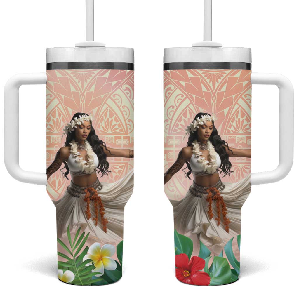 Woman Polynesian Tattoos Tropical Flower Peach Fuzz Color Custom Stanley Quencher 40oz Stainless Steel Tumbler With Handle