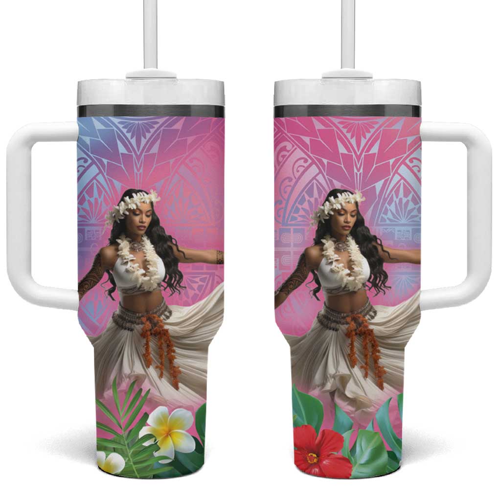 Woman Polynesian Tattoos Tropical Flower Sweets Vibrant Color Custom Stanley Quencher 40oz Stainless Steel Tumbler With Handle