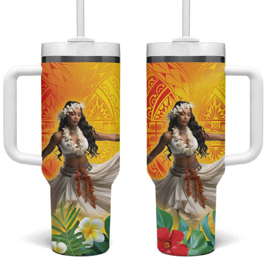 Woman Polynesian Tattoos Tropical Flower Vibrant Hot Color Custom Stanley Quencher 40oz Stainless Steel Tumbler With Handle