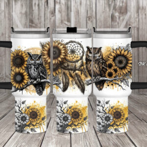 Yellow Owl Sunflower Custom Stanley Quencher 40oz Stainless Steel Tumbler With Handle