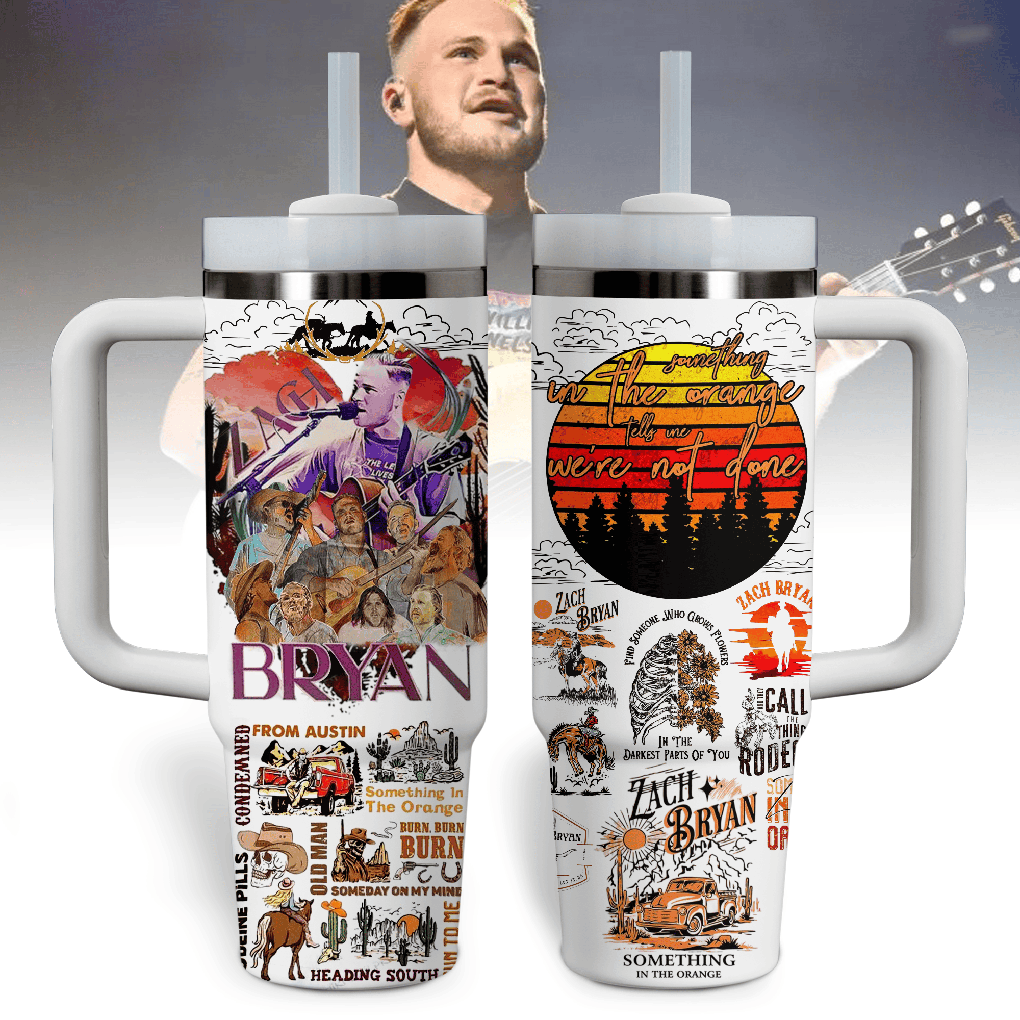 Zach Bryan Music Custom Stanley Quencher 40oz Stainless Steel Tumbler With Handle
