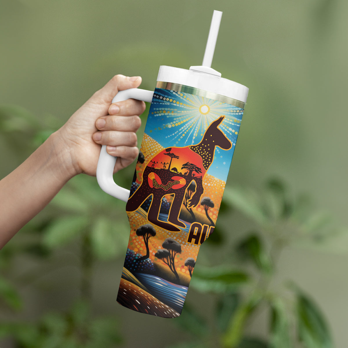 Aboriginal Dots Stary Sky With Kangaroo Custom Stanley Quencher 40oz Stainless Steel Tumbler With Handle