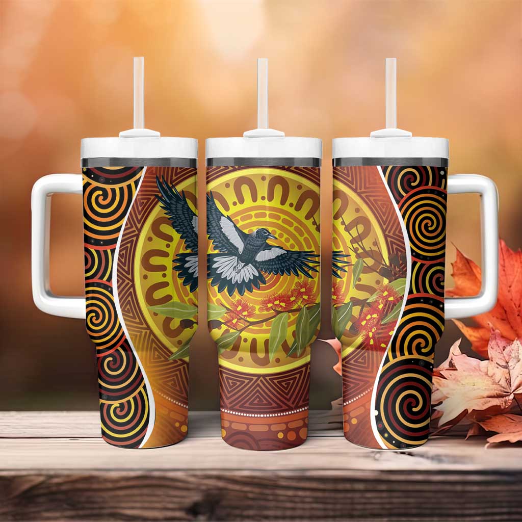 Aboriginal Magpies Dots Art Native Australian Animals Custom Stanley Quencher 40oz Stainless Steel Tumbler With Handle