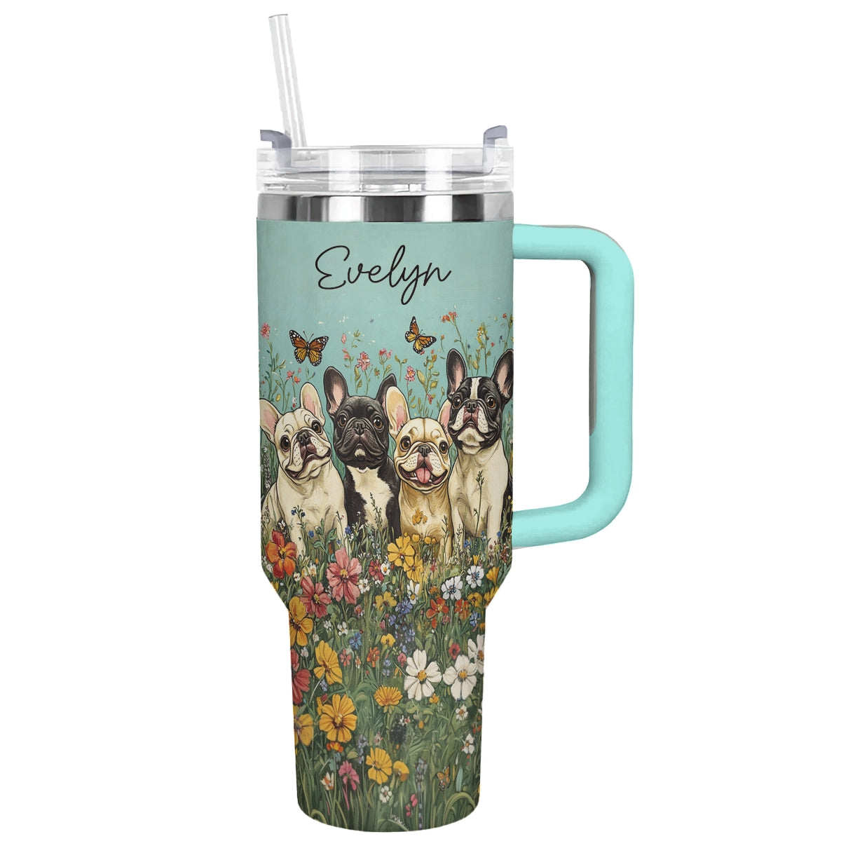 Adorable French Bulldogs Custom Stanley Quencher 40oz Stainless Steel Tumbler With Handle