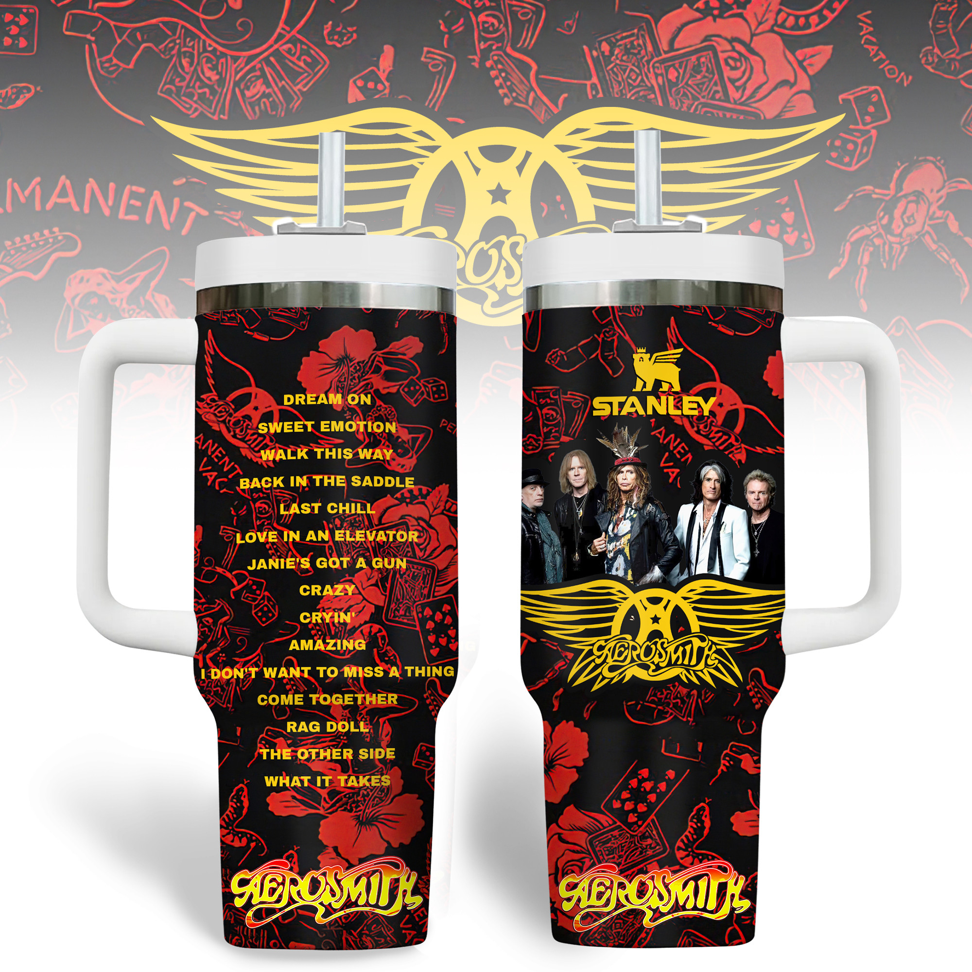 Aerosmith Music Custom Stanley Quencher 40oz Stainless Steel Tumbler With Handle