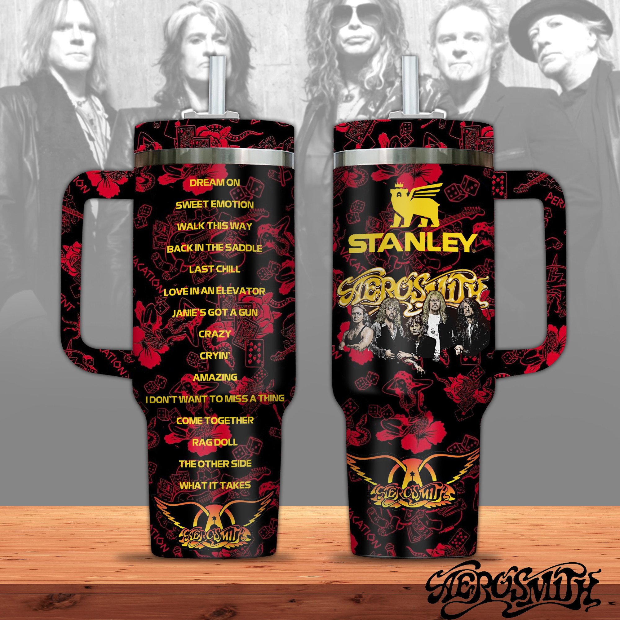 Aerosmith Music Custom Stanley Quencher 40oz Stainless Steel Tumbler With Handle