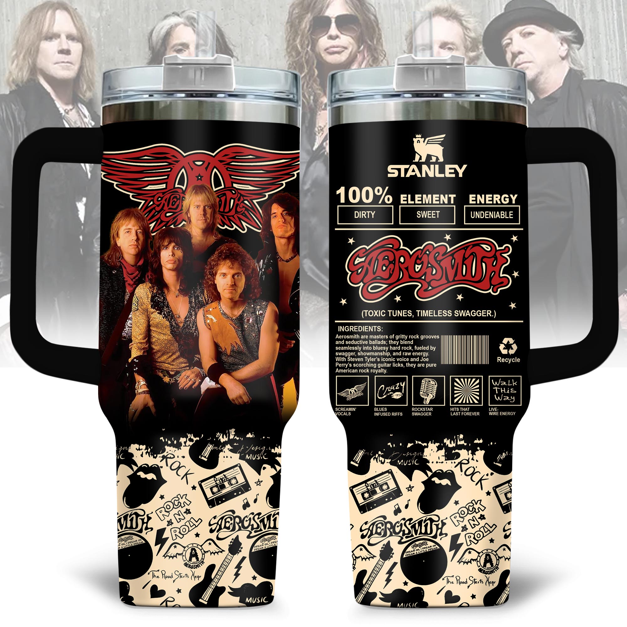 Aerosmith Music Custom Stanley Quencher 40oz Stainless Steel Tumbler With Handle