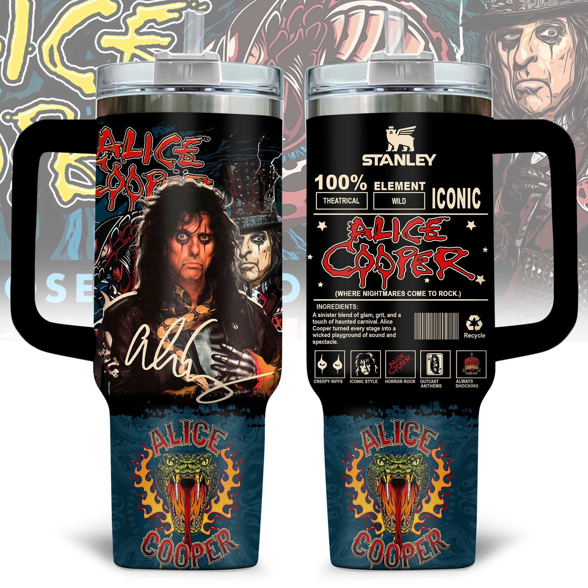 Alice Cooper Music Custom Stanley Quencher 40oz Stainless Steel Tumbler With Handle