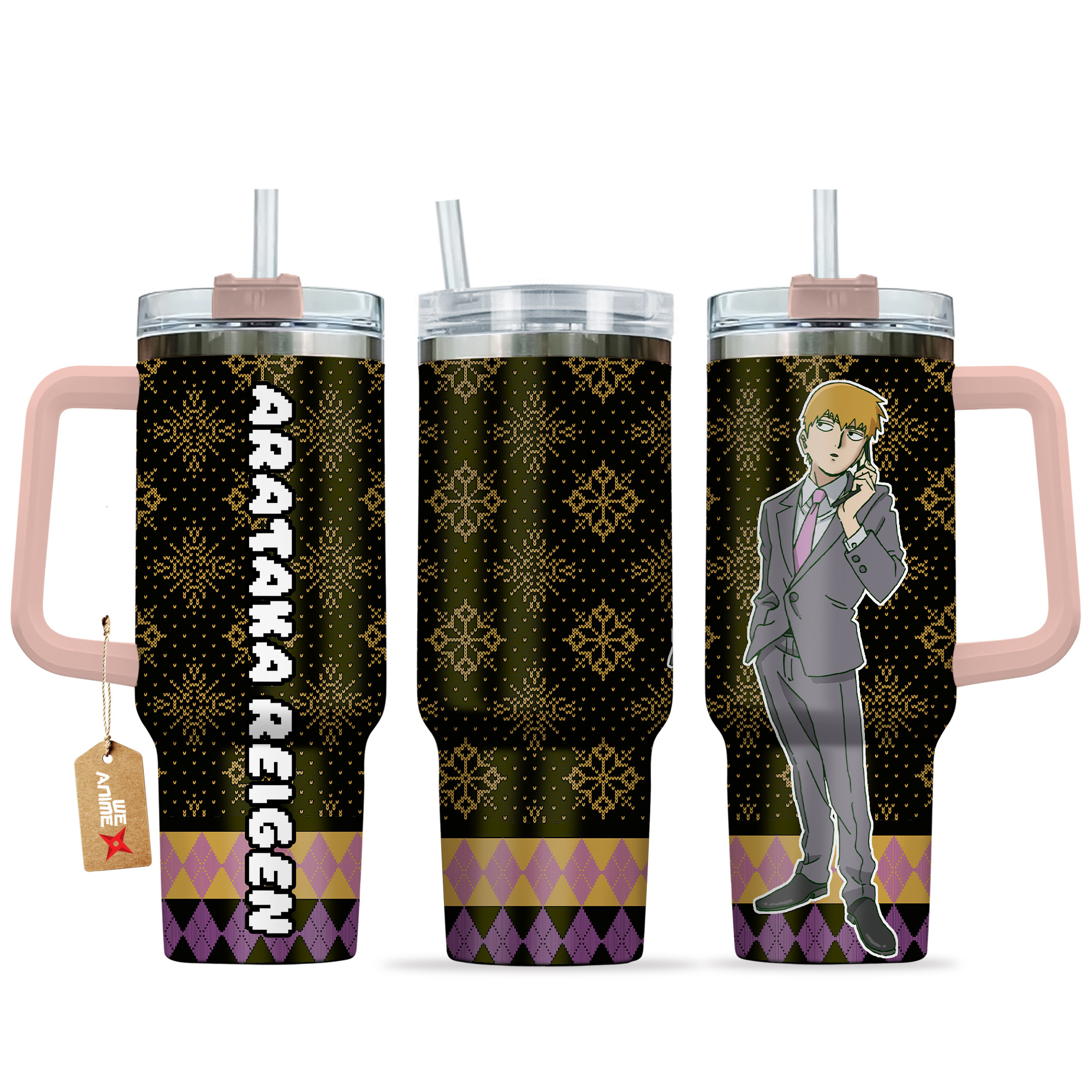 Arataka Reigen Mob Psycho 100 Anime Custom Stanley Quencher 40oz Stainless Steel Tumbler With Handle