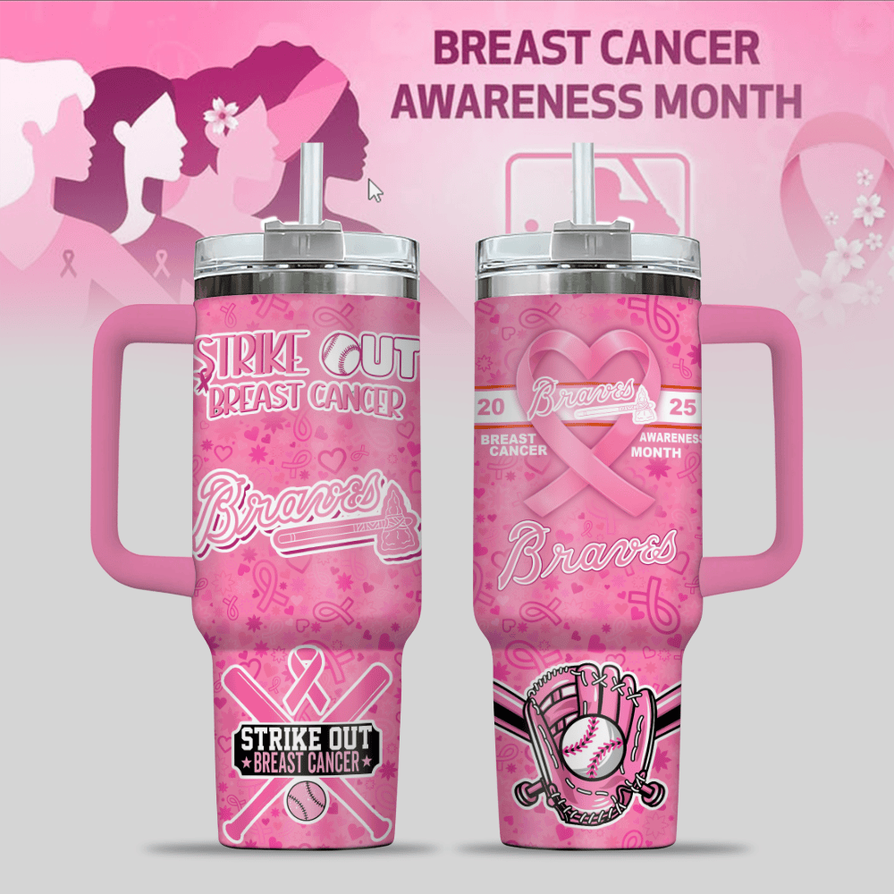 Atlanta Braves MLB x Breast Cancer Awareness Custom Stanley Quencher 40oz Stainless Steel Tumbler With Handle