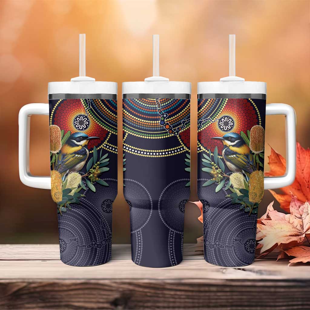 Aussie Honeyeaters Banksia Flowers Aboriginal Dots Painting Custom Stanley Quencher 40oz Stainless Steel Tumbler With Handle