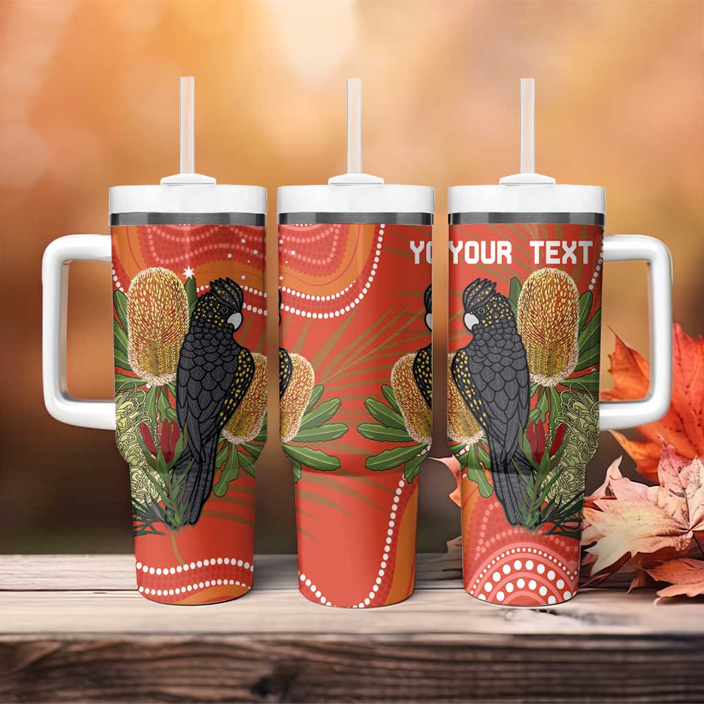 Australia Banksia With Black Cockatoo Aboriginal Art Custom Stanley Quencher 40oz Stainless Steel Tumbler With Handle