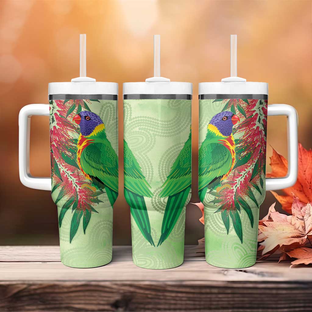 Australia Bottlebrush And Lorikeets Aboriginal Art - Watercolor Style Custom Stanley Quencher 40oz Stainless Steel Tumbler With Handle