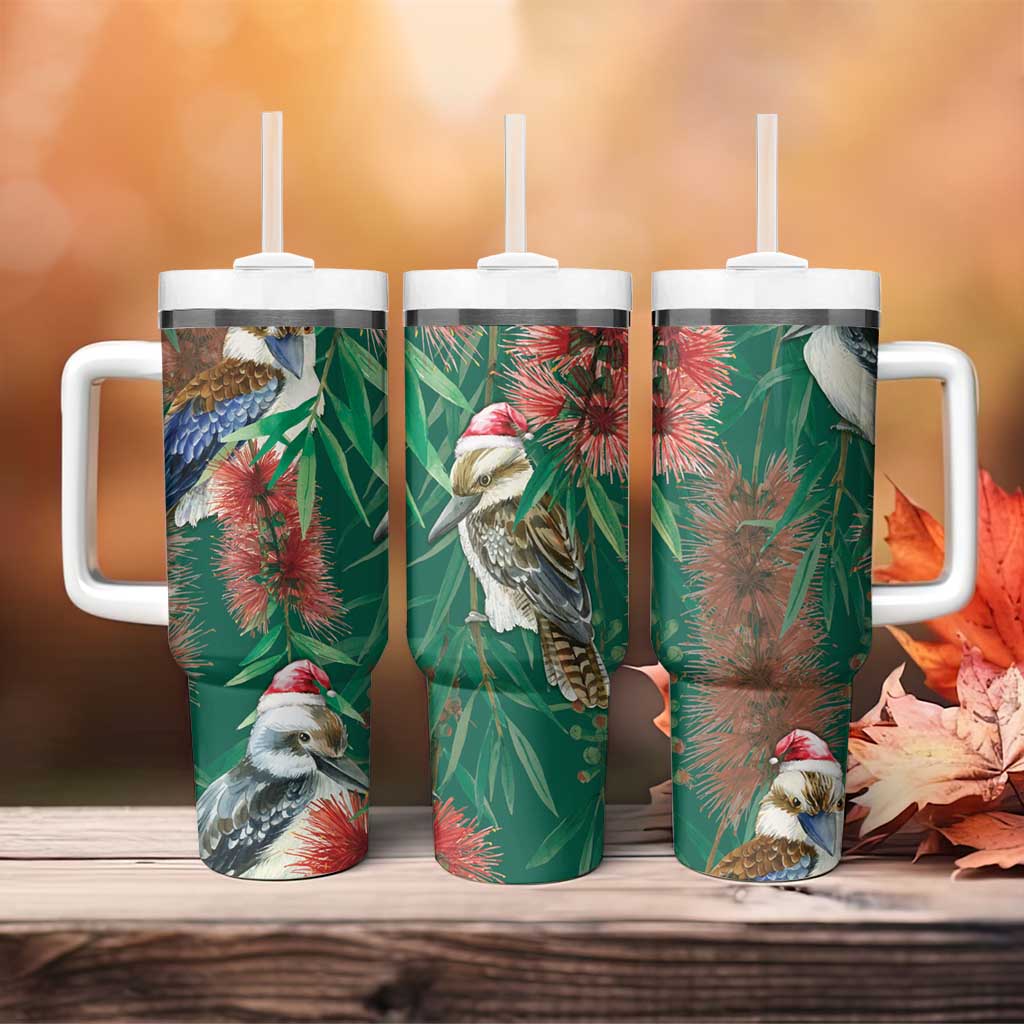 Australia Christmas Kookaburra Santa on Callistemon - Forest Green Custom Stanley Quencher 40oz Stainless Steel Tumbler With Handle