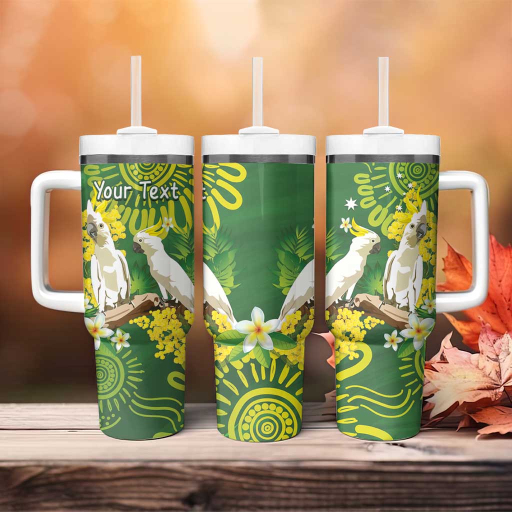 Australia Golden Wattle With Cacatua Galerita Aboriginal Art Custom Stanley Quencher 40oz Stainless Steel Tumbler With Handle