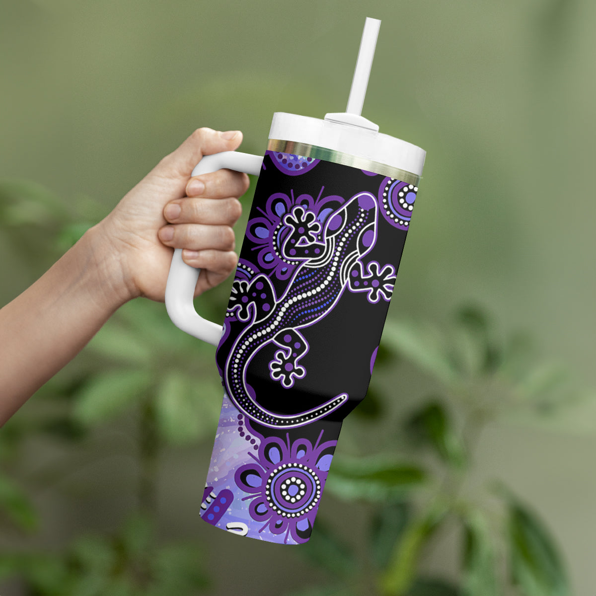 Australia Opal Aussie Lizard With Aboriginal Art - Purple Custom Stanley Quencher 40oz Stainless Steel Tumbler With Handle