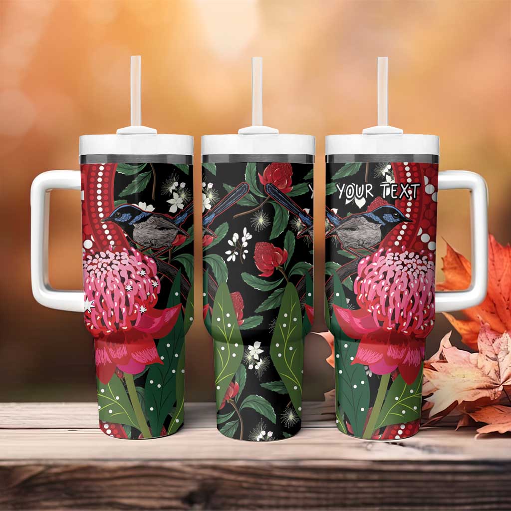 Australia Waratah With Superb Fairywren Aboriginal Art Custom Stanley Quencher 40oz Stainless Steel Tumbler With Handle