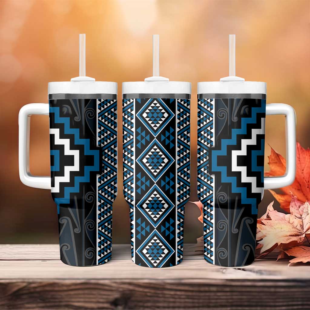 Azure Tukutuku Pattern Aotearoa Niho Taniwha and Puhoro Motifs Custom Stanley Quencher 40oz Stainless Steel Tumbler With Handle