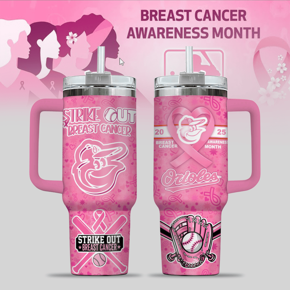 Baltimore Orioles MLB x Breast Cancer Awareness Custom Stanley Quencher 40oz Stainless Steel Tumbler With Handle