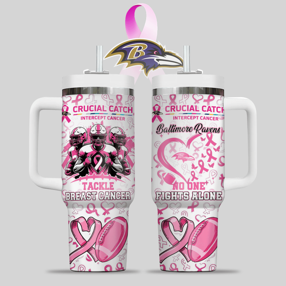 Baltimore Ravens NFL x Breast Cancer Awareness Custom Stanley Quencher 40oz Stainless Steel Tumbler With Handle