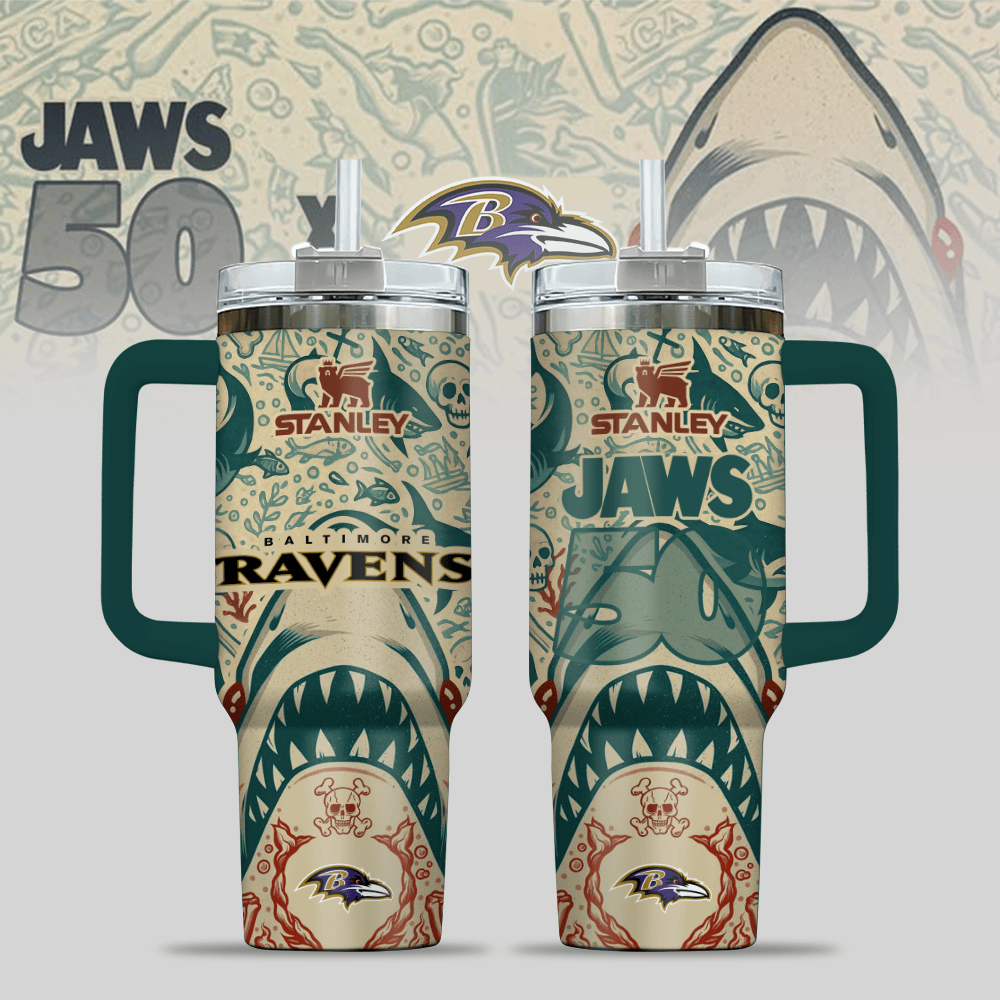Baltimore Ravens NFL x JAWS Custom Stanley Quencher 40oz Stainless Steel Tumbler With Handle