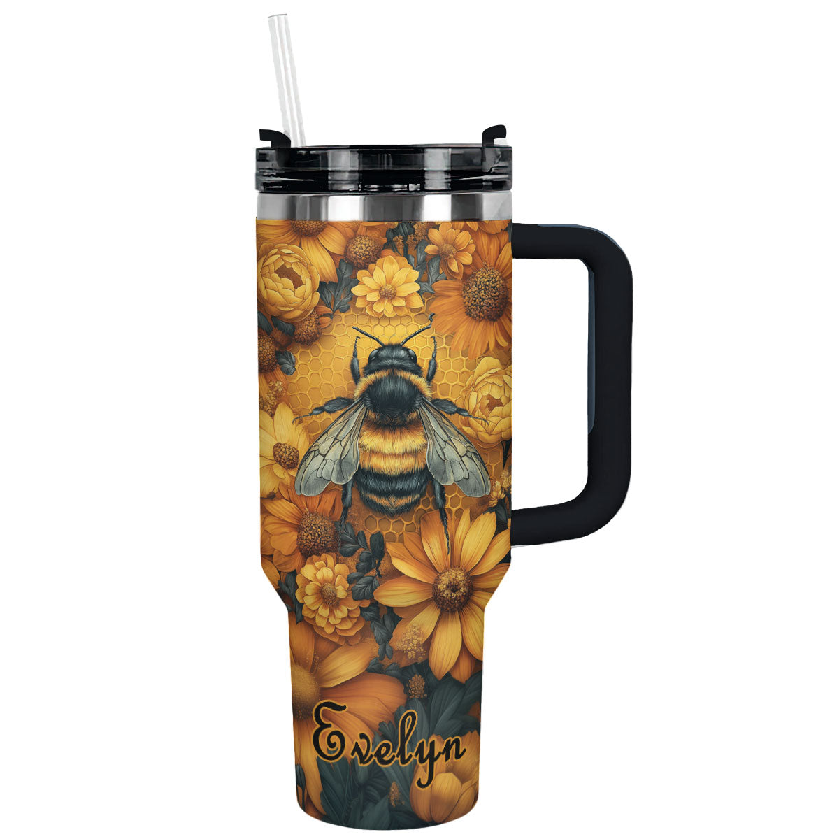 Bee with Sunflowers Custom Stanley Quencher 40oz Stainless Steel Tumbler With Handle