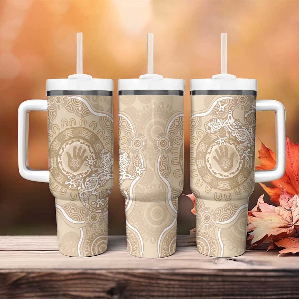 Beige Australia Lizard With Aboriginal Art Custom Stanley Quencher 40oz Stainless Steel Tumbler With Handle