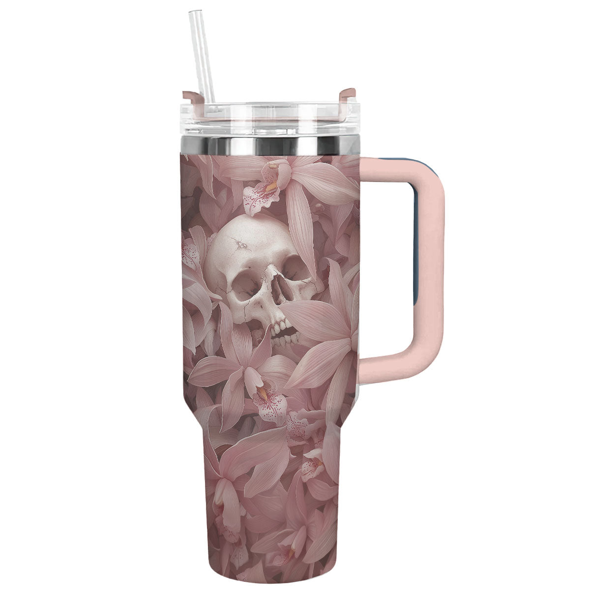 Blossom and Skull Custom Stanley Quencher 40oz Stainless Steel Tumbler With Handle