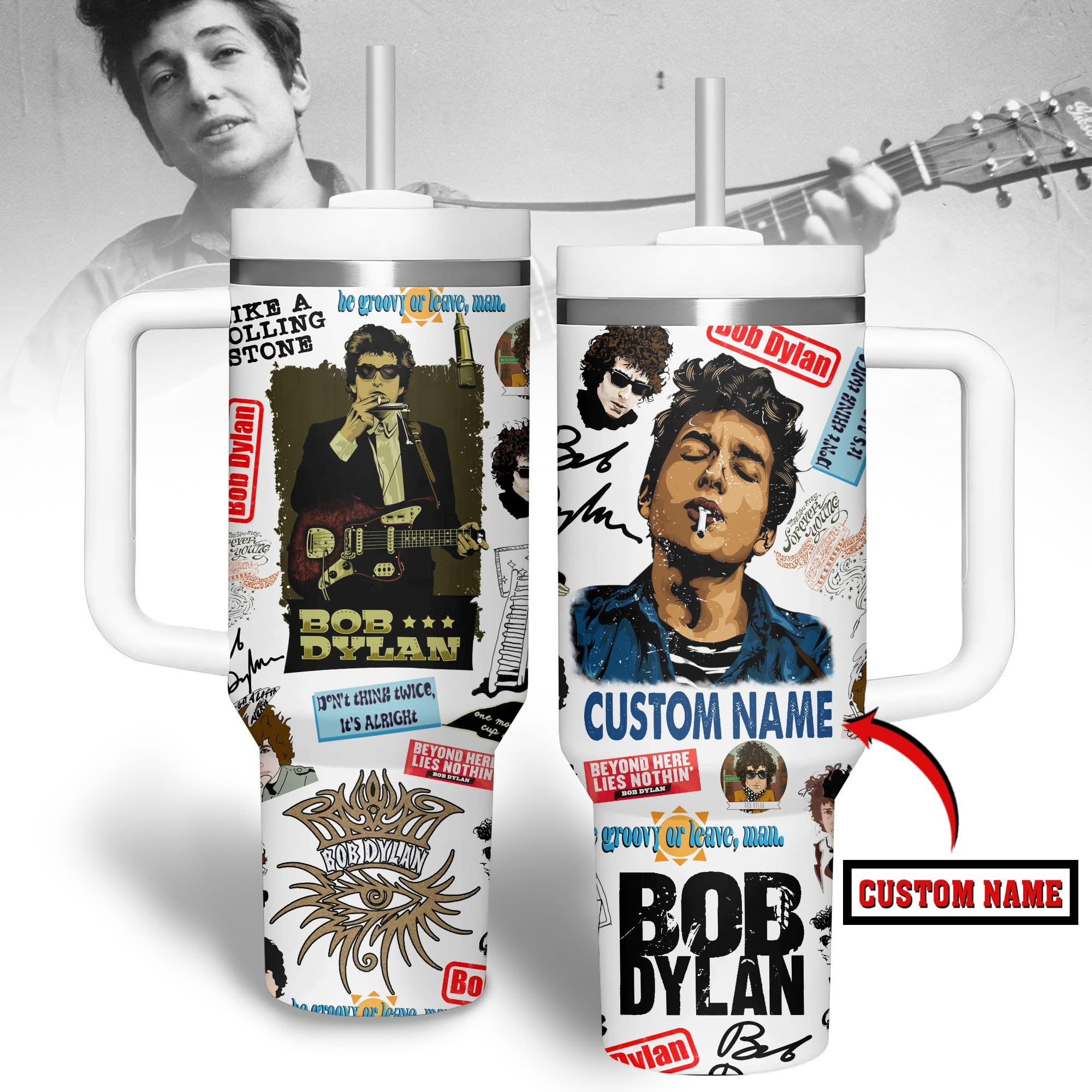 Bob Dylan Music Custom Stanley Quencher 40oz Stainless Steel Tumbler With Handle