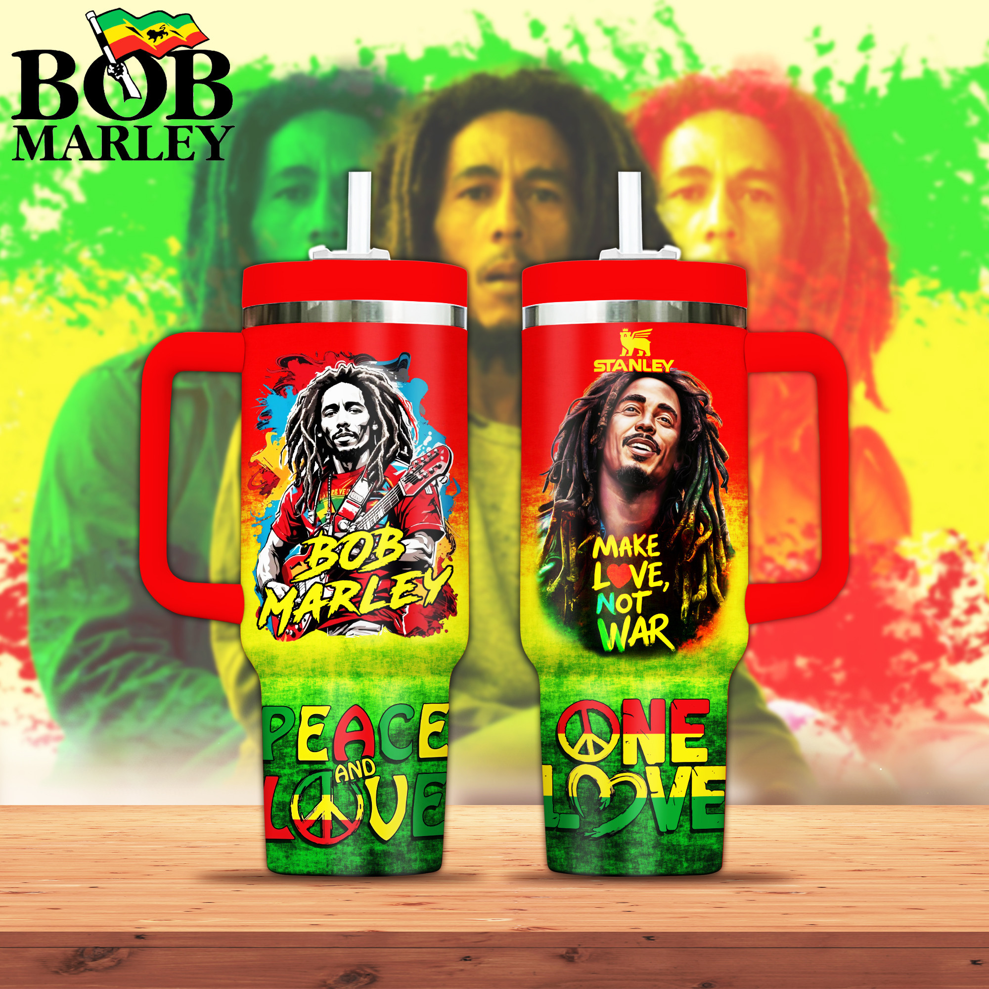 Bob Marley Music Custom Stanley Quencher 40oz Stainless Steel Tumbler With Handle
