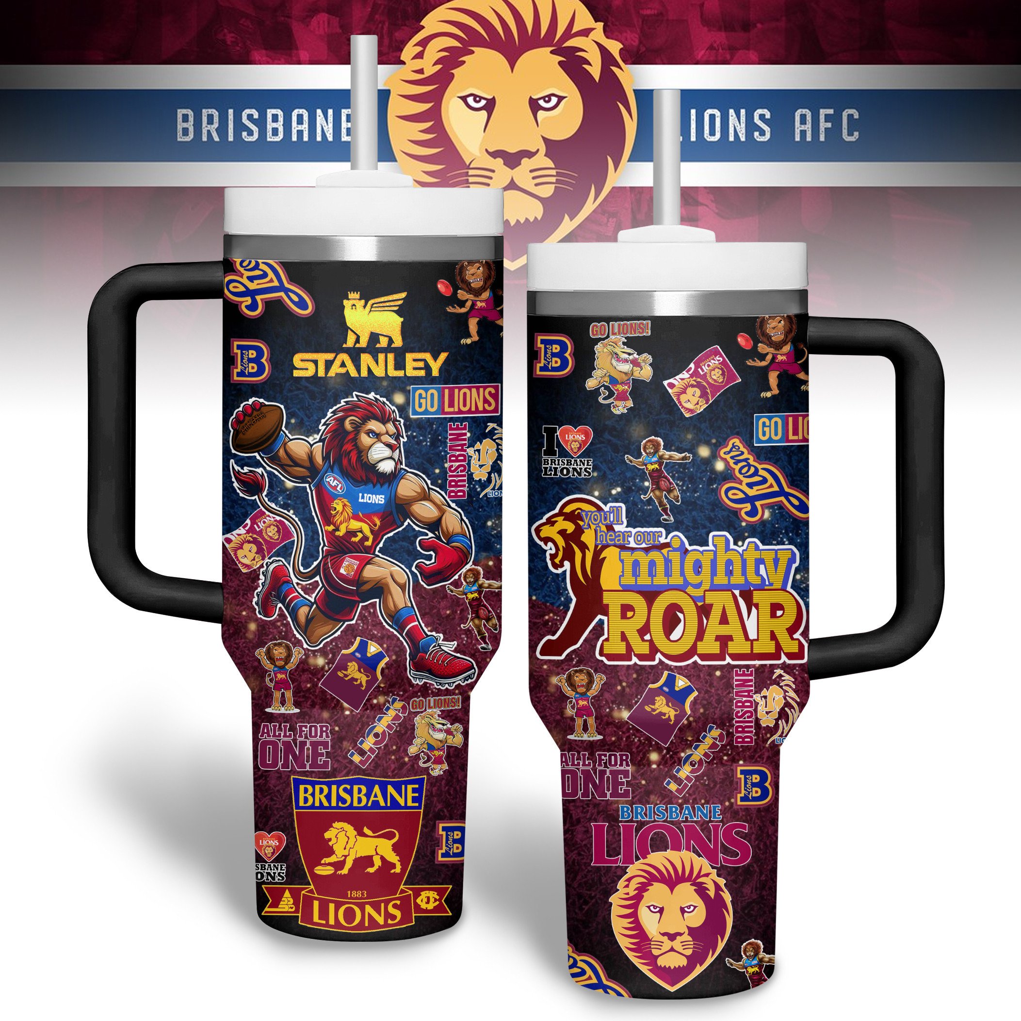 Brisbane Lions AFL Custom Stanley Quencher 40oz Stainless Steel Tumbler With Handle