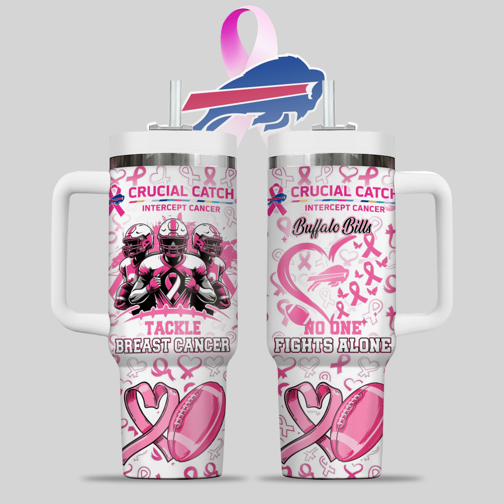 Buffalo Bills NFL x Breast Cancer Awareness Custom Stanley Quencher 40oz Stainless Steel Tumbler With Handle