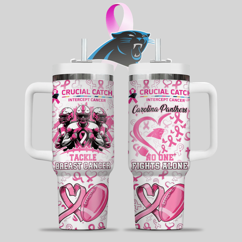 Carolina Panthers NFL x Breast Cancer Awareness Custom Stanley Quencher 40oz Stainless Steel Tumbler With Handle