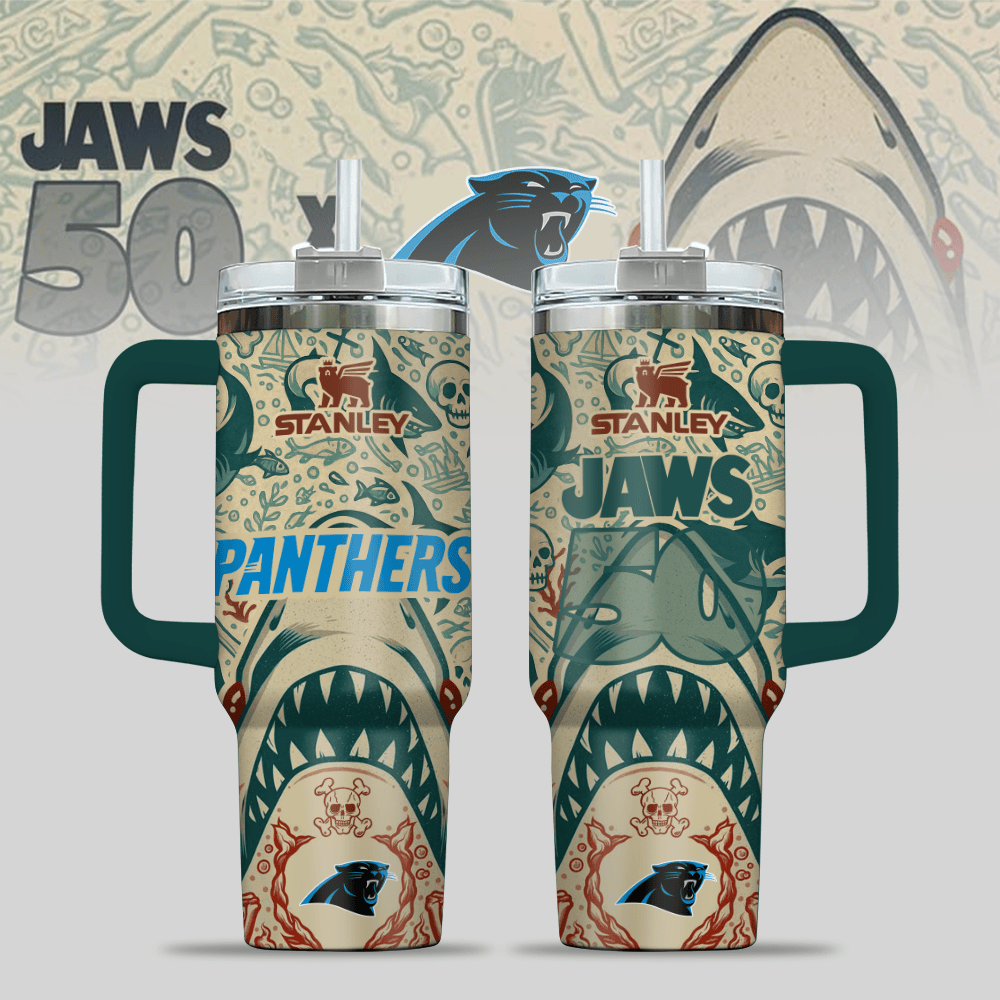 Carolina Panthers NFL x JAWS Custom Stanley Quencher 40oz Stainless Steel Tumbler With Handle