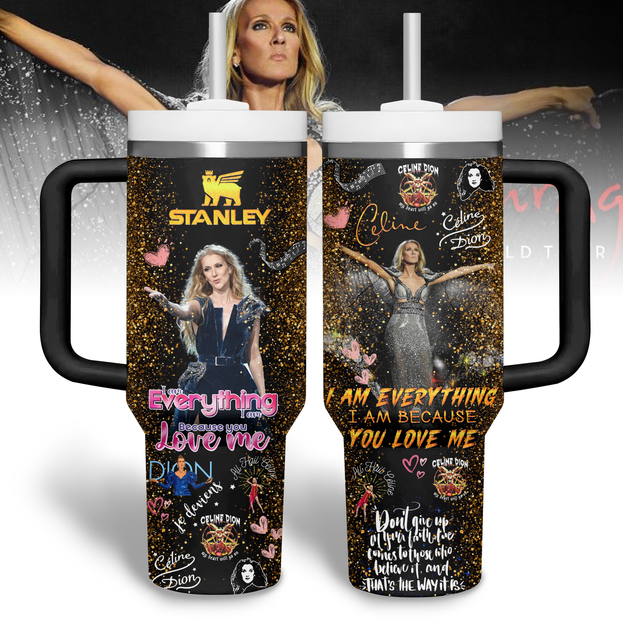 Celine Dion Music Custom Stanley Quencher 40oz Stainless Steel Tumbler With Handle