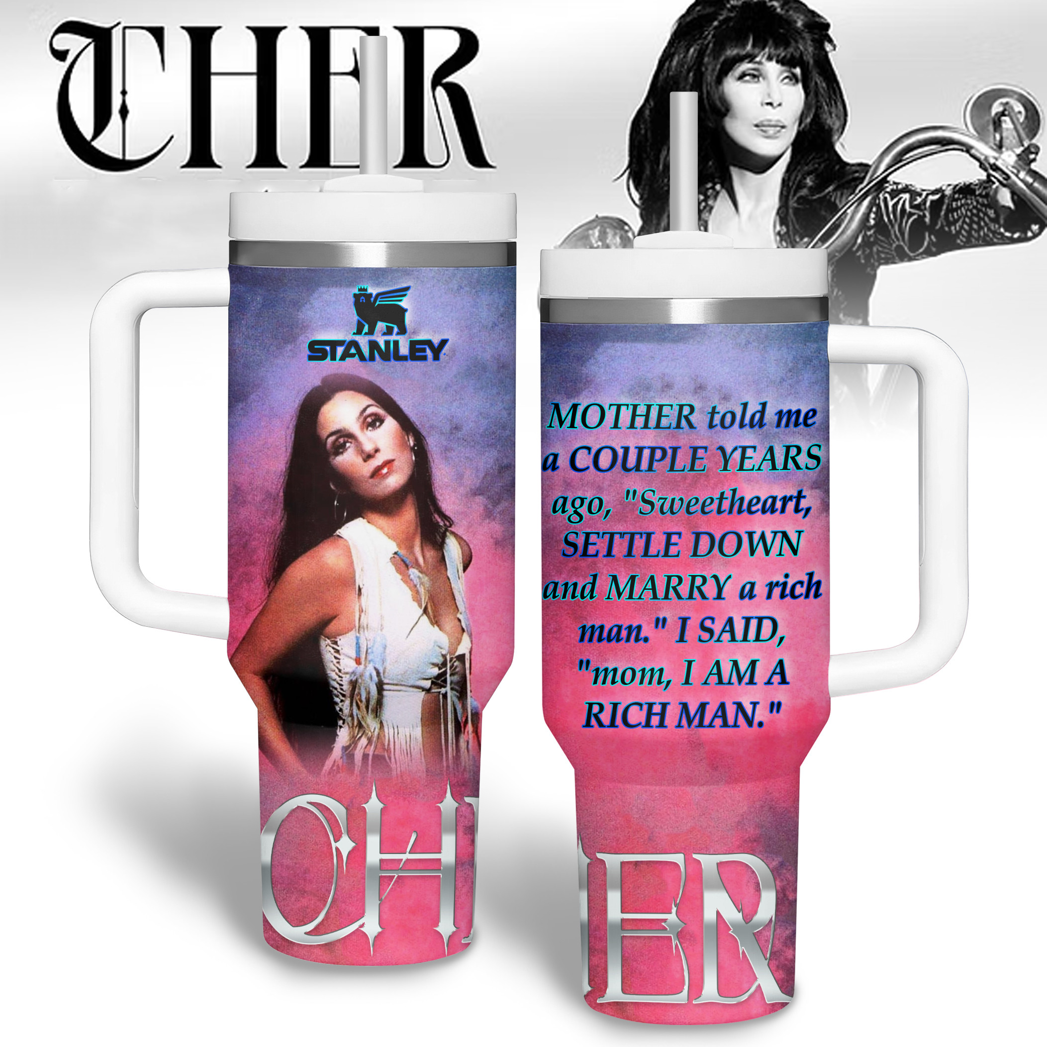 Cher Music Custom Stanley Quencher 40oz Stainless Steel Tumbler With Handle