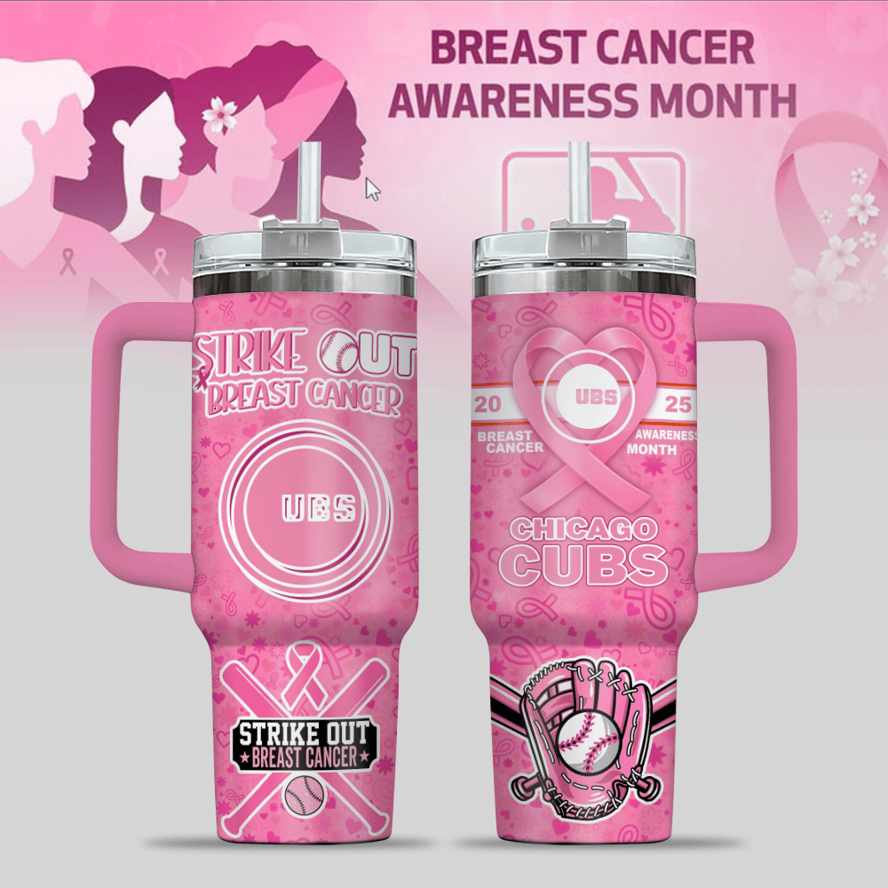 Chicago Cubs MLB x Breast Cancer Awareness Custom Stanley Quencher 40oz Stainless Steel Tumbler With Handle
