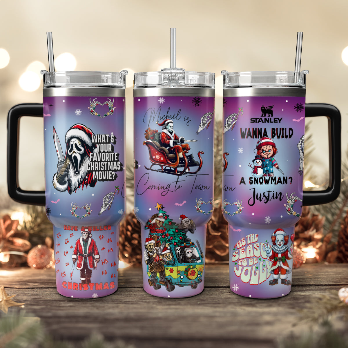 Christmas Horror Characters Movies Custom Stanley Quencher 40oz Stainless Steel Tumbler With Handle