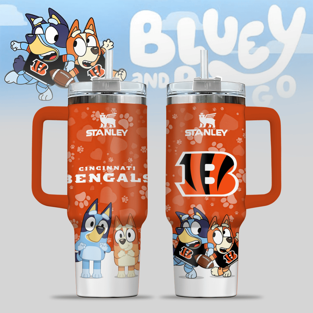Cincinnati Bengals NFL x Bluey Custom Stanley Quencher 40oz Stainless Steel Tumbler With Handle