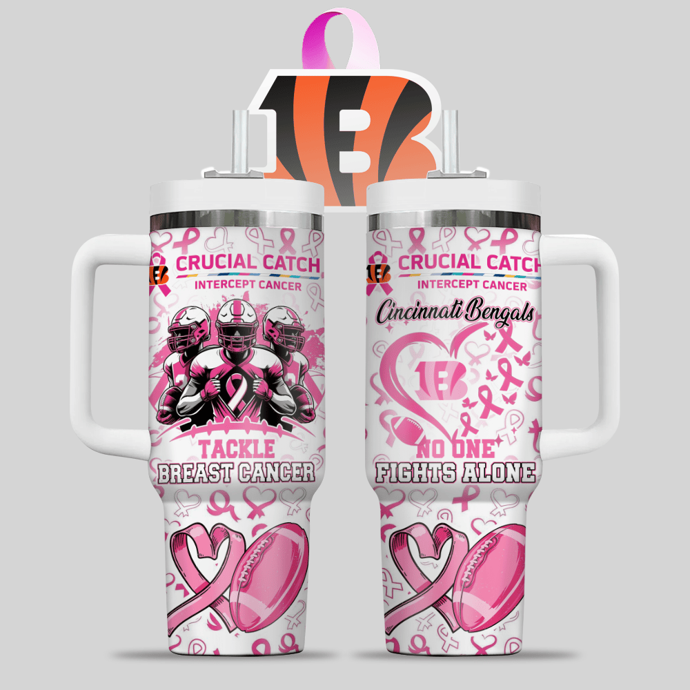 Cincinnati Bengals NFL x Breast Cancer Awareness Custom Stanley Quencher 40oz Stainless Steel Tumbler With Handle