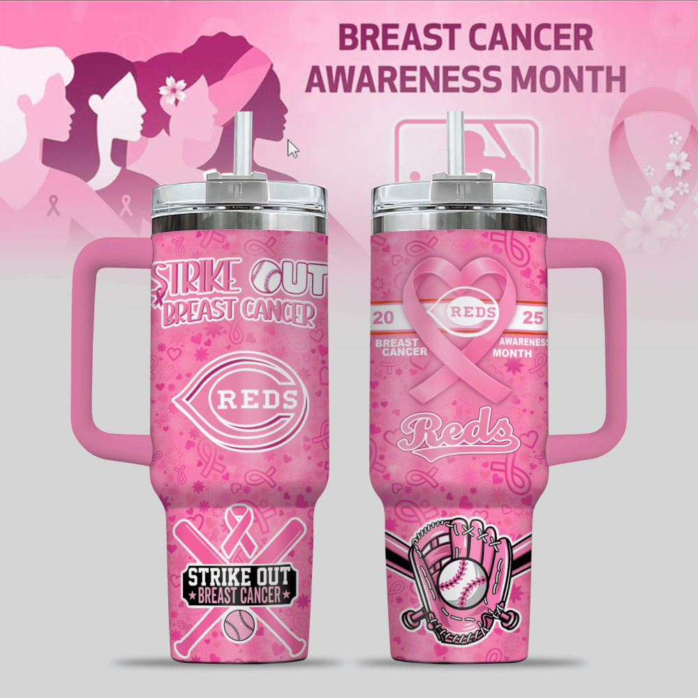 Cincinnati Reds MLB x Breast Cancer Awareness Custom Stanley Quencher 40oz Stainless Steel Tumbler With Handle