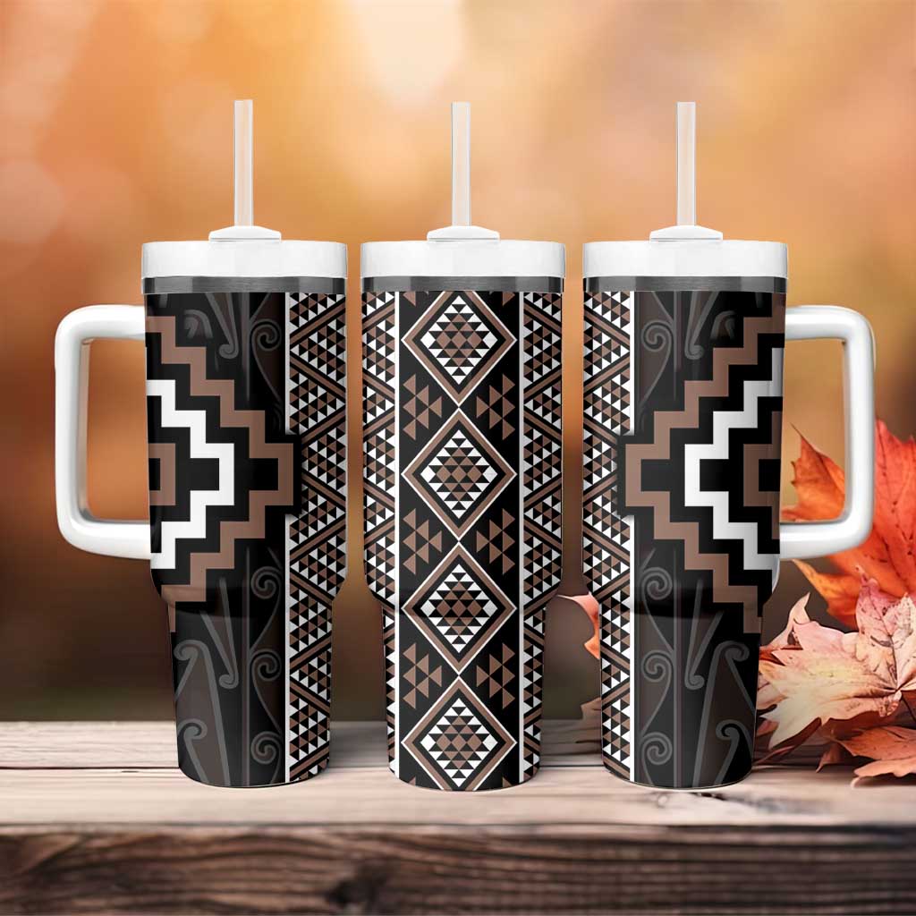 Classic Tukutuku Pattern Aotearoa Niho Taniwha and Puhoro Motifs Custom Stanley Quencher 40oz Stainless Steel Tumbler With Handle