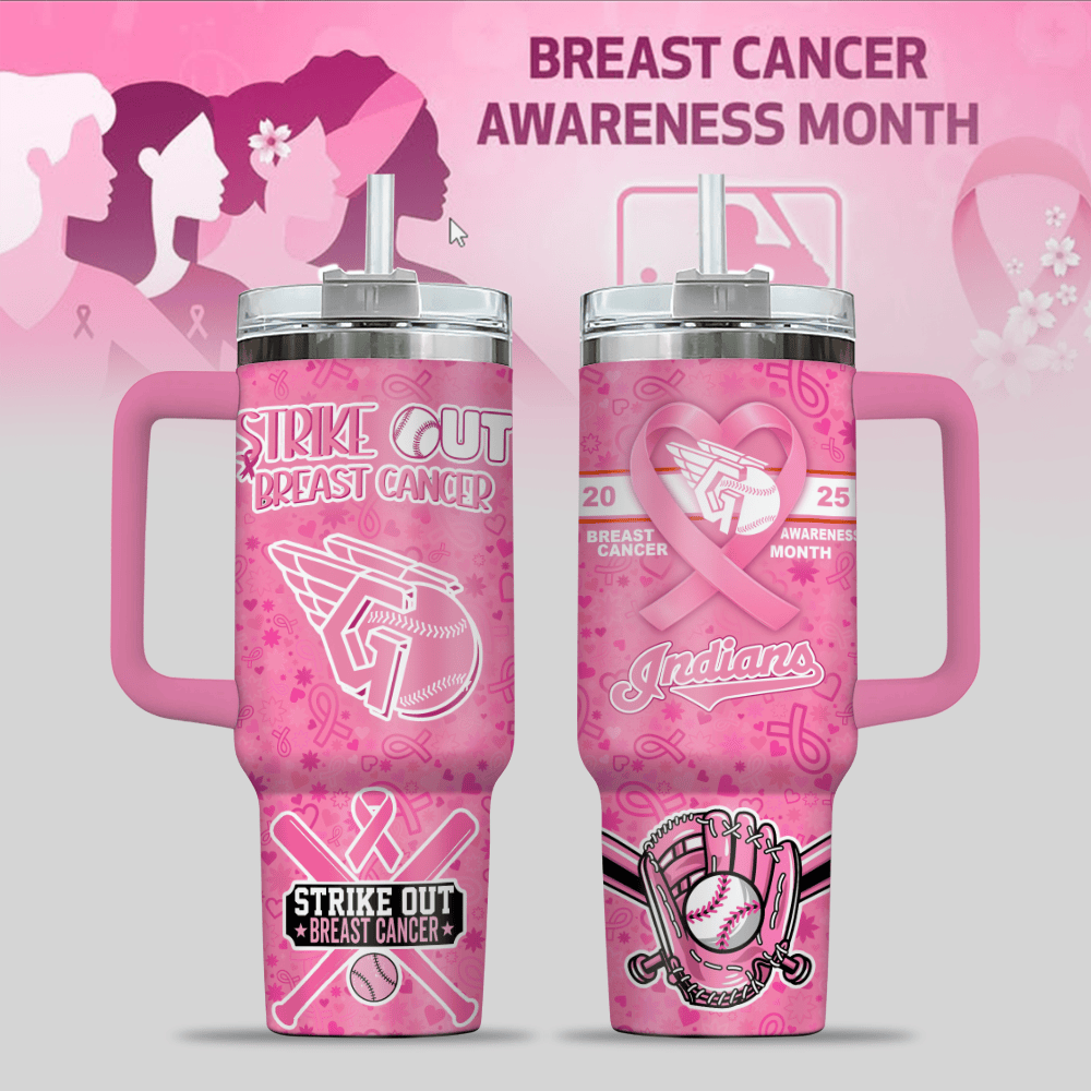 Cleveland Guardians MLB x Breast Cancer Awareness Custom Stanley Quencher 40oz Stainless Steel Tumbler With Handle