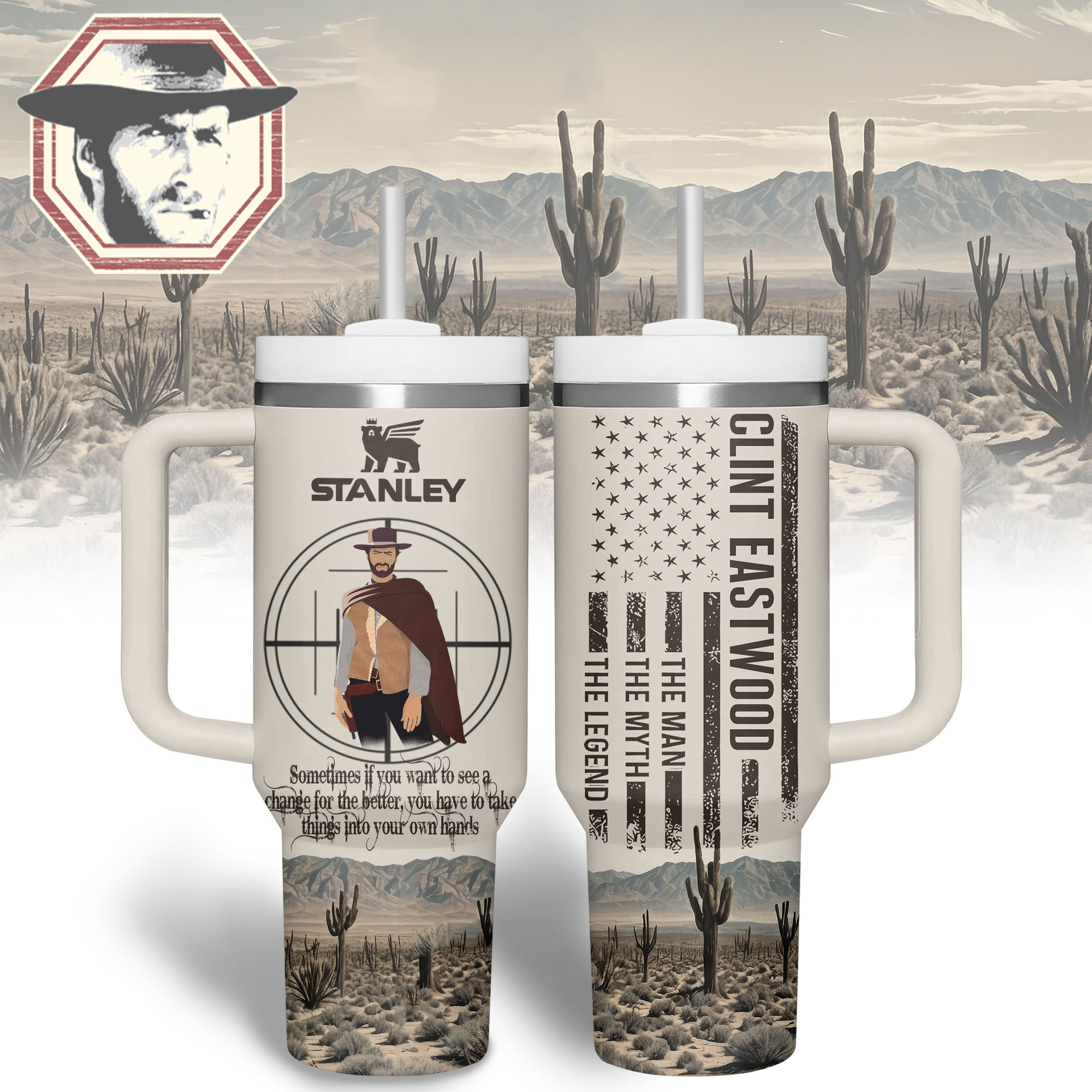 Clint Eastwood Actor Custom Stanley Quencher 40oz Stainless Steel Tumbler With Handle